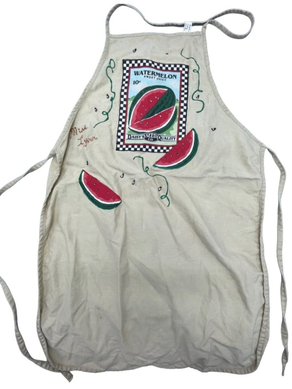 handmade apron watermelon brown red over neck back tie  one size READ